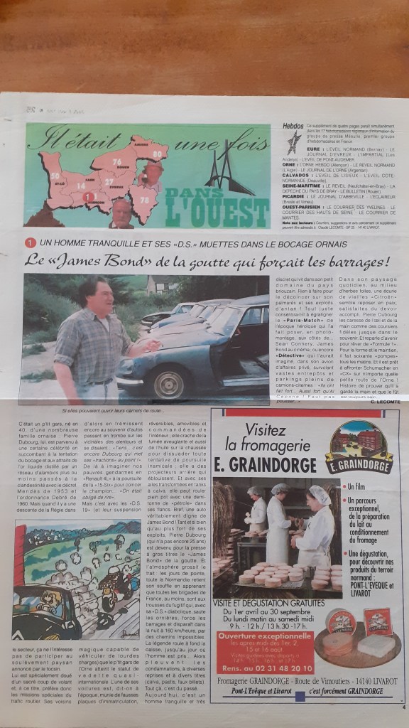 Article de presse sur la vie de Pierre Dubourg après la prison avec une photo des Citroën DS désossées.