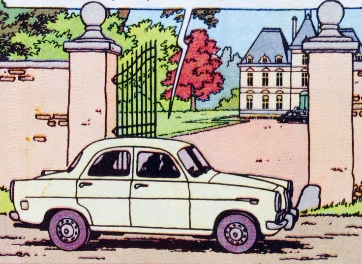 Alfa Roméo Giullia blanche devant le château de Moulinsart avec paparazzis à l'intérieur.