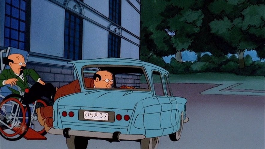 Citroën Ami 6 bleue avec le médecin à son bord dans les Bijoux de la Castafiore.