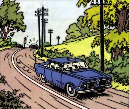 Ford Zephyr bleue qui roule à vive allure poursuivie par une autre voiture.