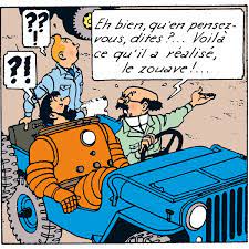 Jeep Willys bleue dans objectif lune conduite par professeur Tournesol