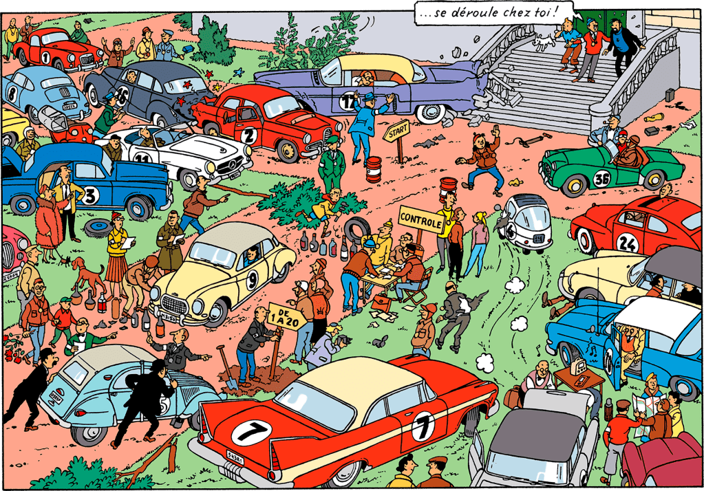 toutes les voitures participant au rallye dans le parc du château de Moulinsart dans l'album Coke en stock.