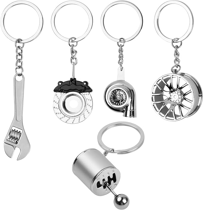 5 porte-clés en forme de clé à molette, disque de frein, turbo, jante et boîte de vitesse.