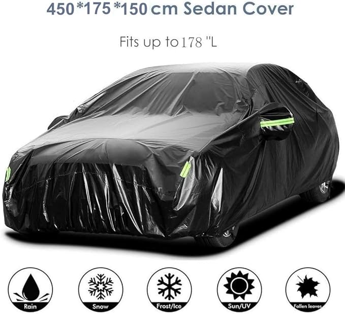 Bâche protection voiture noire avec bandes réfléchissantes.