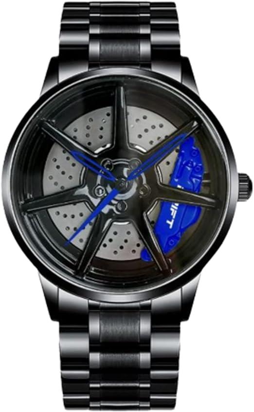 Montre façon jante de voiture à 7 branches noire avec disque de frein gris et étrier bleu.