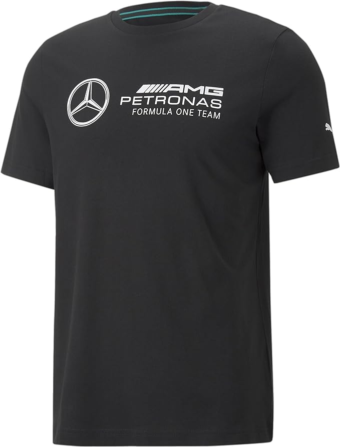 T-shirt noir Puma avec logo Mercedes et inscription AMG Petronas Formula One Team.