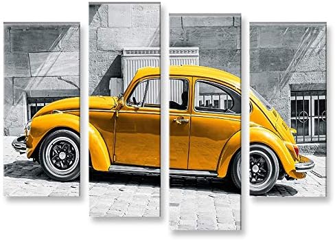 tableau photo sur toile en 4 pièces d'une VW coccinelle jaune sur fond gris.