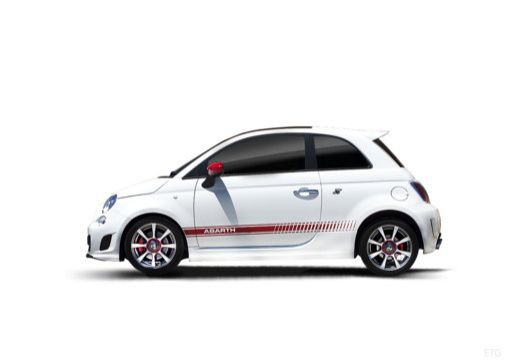 Abarth 500 blanche avec bandeau "Abarth" rouge vue de profil.