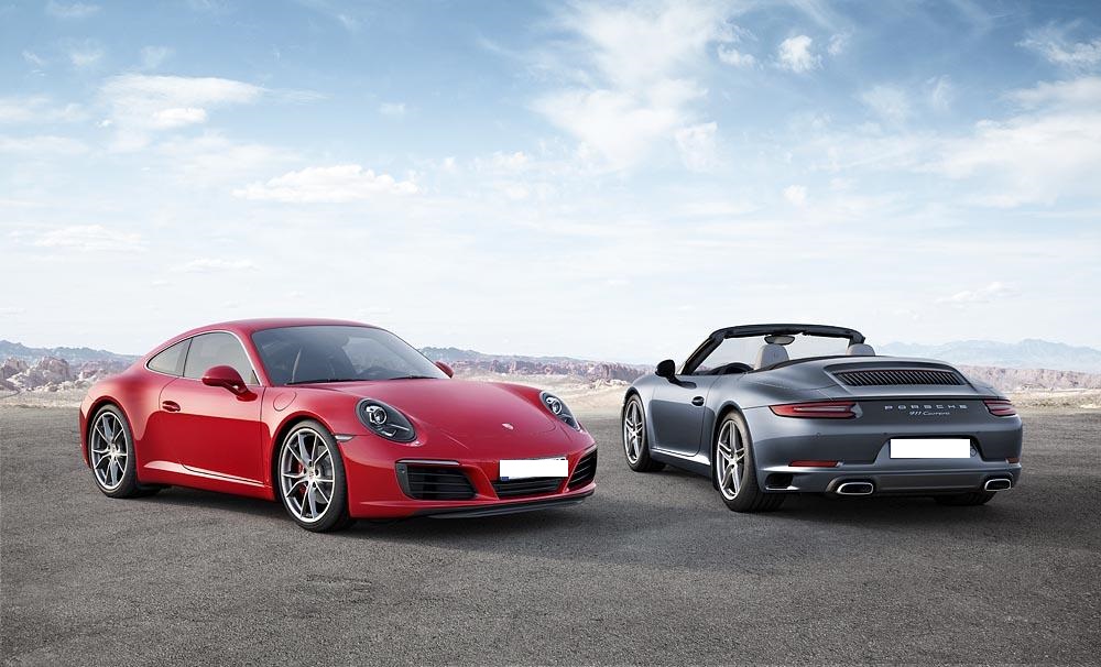 Porsche 911 type 991 phase 2 rouge  à côté d'une autre Porsche 911 type 991 cabriolet de couleur grise.